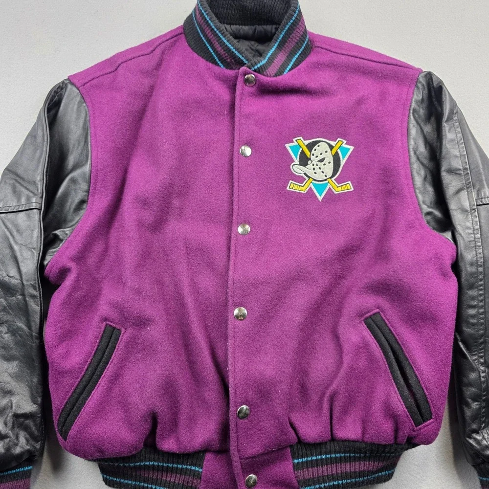 Vintage Mighty Ducks NHL Varsity Jacket Purple Black‎ Kids Size 14 Identity Inc